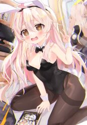 Rule 34 | 1girl, @ @, absurdres, animal ears, ass, azur lane, bare shoulders, between legs, black bow, black bowtie, black leotard, black pantyhose, blonde hair, book, bookshelf, bow, bowtie, breasts, crossover, detached collar, dot nose, fake animal ears, fake tail, forehead, formidable (azur lane), hair between eyes, hand between legs, hand up, highleg, highleg leotard, highres, illustrious (azur lane), indoors, keyboard (computer), legs folded, leotard, mirror, monitor, mouse (computer), onii-chan wa oshimai!, open mouth, oyama mahiro, pantyhose, playboy bunny, sitting, small breasts, solo, strapless, strapless leotard, sweat, tail, thighs, v, wariza, wellski, wrist cuffs, yellow eyes