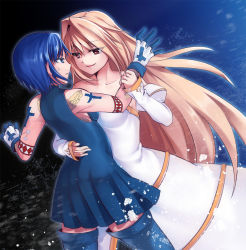 Rule 34 | 00s, 2girls, archetype earth, arcueid brunestud, bad id, bad pixiv id, bare shoulders, blonde hair, blue eyes, blue hair, boots, breasts, ciel (tsukihime), cleavage, detached sleeves, dress, eye contact, gloves, holding hands, long hair, looking at another, melty blood, multiple girls, parted lips, red eyes, short hair, small breasts, smile, standing, strapless, strapless dress, sweatdrop, thighhighs, tsukihime, turtleneck, very long hair, yasuo (torinikukani), yuri, zettai ryouiki