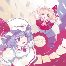 Rule 34 | 2girls, :d, album cover, ascot, blonde hair, blue hair, brooch, collared dress, commentary, cover, dress, fang, flandre scarlet, frilled sleeves, frills, hat, hat ribbon, highres, jewelry, looking at another, looking back, mob cap, multiple girls, open mouth, puffy short sleeves, puffy sleeves, red dress, red eyes, red ribbon, remilia scarlet, ribbon, short hair, short sleeves, siblings, side ponytail, sisters, smile, stairs, touhou, wasabisuke, white dress, white headwear, yellow ascot