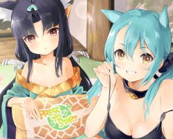 Rule 34 | 2girls, animal ears, aoba (azur lane), azur lane, black hair, blue hair, breasts, cleavage, collar, collarbone, commentary request, english text, female focus, japanese clothes, kimono, looking at viewer, medium breasts, multiple girls, pillow, red eyes, small breasts, smile, tetsujin momoko, thick eyebrows, yellow eyes, yukata, yuubari (azur lane)