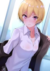 Rule 34 | 1girl, blonde hair, blush, breasts, brown jacket, cleavage, collarbone, collared shirt, dutch angle, gomashi (goma), highres, idolmaster, idolmaster shiny colors, indoors, jacket, looking at viewer, nose blush, open clothes, open jacket, parted lips, pink eyes, plaid, plaid skirt, saijo juri, see-through, shirt, short hair, skirt, small breasts, solo, sweatdrop, undressing, upper body, v-shaped eyebrows, white shirt, window, wing collar