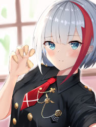 Rule 34 | 1girl, absurdres, admiral graf spee (azur lane), admiral graf spee (daily peaceful life) (azur lane), admiral graf spee (girl&#039;s sunday) (azur lane), azur lane, blue eyes, blunt bangs, bugles, bugles (food), bugles on fingers, commentary request, dress, firin, food on hand, highres, looking at viewer, multicolored hair, necktie, red hair, short hair, sidelocks, silver hair, solo, streaked hair