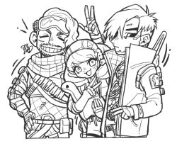 Rule 34 | 1girl, 2boys, animification, apex legends, belt, bodysuit, crypto (apex legends), facial hair, fingerless gloves, gloves, goatee, goggles, goggles on head, greyscale, holding, holding stuffed toy, hood, hood down, hood up, hooded bodysuit, hooded jacket, jacket, lineart, looking at viewer, mirage (apex legends), monochrome, multiple boys, nessie (respawn), ookamiya818, pants, partially fingerless gloves, short hair, stuffed toy, v, v-shaped eyebrows, vest, wattson (apex legends), white background