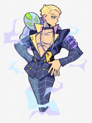 Rule 34 | 1boy, black jacket, black pants, blonde hair, blue eyes, choker, colored sclera, cropped legs, denaseey, green sclera, highres, jacket, jewelry, jojo no kimyou na bouken, magatama, magatama necklace, male focus, necklace, pants, profile, prosciutto, short hair, simple background, solo, the grateful dead (stand), vento aureo, white background, yellow eyes