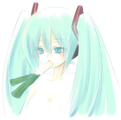 Rule 34 | 1girl, aqua hair, blue eyes, colored eyelashes, expressionless, eyelashes, female focus, hatsune miku, mouth hold, sketch, solo, spring onion, topless frame, twintails, upper body, vocaloid, yukian