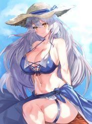 Rule 34 | 1girl, bikini, bikini top only, blue sky, braid, breasts, cleavage, cloud, collarbone, eno yukimi, granblue fantasy, hat, highres, large breasts, long hair, looking at viewer, midriff, navel, revision, sarong, silva (granblue fantasy), silver hair, sky, smile, solo, straw hat, swimsuit, thick thighs, thighs, twin braids, yellow eyes