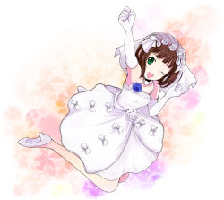 Rule 34 | 1girl, ;d, amami haruka, arm up, bad id, bad pixiv id, bare shoulders, bouquet, bridal veil, brown hair, dress, elbow gloves, flower, gloves, hair flower, hair ornament, idolmaster, idolmaster (classic), jumping, one eye closed, onion (lemlaml), open mouth, rose, shoes, short hair, smile, solo, veil, wedding, wedding dress, wink