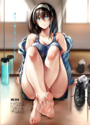 Rule 34 | 1girl, arms at sides, bad id, bad pixiv id, bare shoulders, barefoot, black hair, blue eyes, blue jacket, blue shirt, blush, breasts, cleavage, closed mouth, collarbone, commentary request, convenient leg, crossed ankles, feet, hair between eyes, hairband, highres, idolmaster, idolmaster cinderella girls, indoors, jacket, knees up, large breasts, legs, long hair, long legs, long sleeves, looking at viewer, mirror, nohito, off shoulder, on floor, open clothes, open jacket, sagisawa fumika, shirt, shoes, unworn shoes, shorts, sitting, unworn socks, soles, solo, tank top, thighs