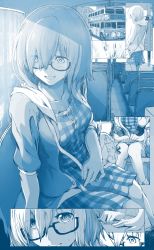 Rule 34 | 1girl, bag, bare legs, blue theme, bus, casual, character doll, closed mouth, collarbone, comic, commentary request, dress, fate/grand order, fate (series), flying sweatdrops, fou (fate), glasses, graphite (medium), hair over one eye, hand fan, hands on lap, highres, hood, hooded jacket, hoodie, jacket, looking to the side, mash kyrielight, mash kyrielight (senpai killer outfit), monochrome, motor vehicle, multiple views, official alternate costume, open clothes, open hoodie, open mouth, paper fan, plaid, plaid dress, pouch, semi-rimless eyewear, short hair, silent comic, sitting, smile, standing, syatey, traditional media, uchiwa, under-rim eyewear
