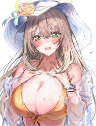 Rule 34 | 1girl, bikini, blue archive, blush, bracelet, breasts, cleavage, front-tie bikini top, front-tie top, green eyes, halo, hat, highres, inusaka, jewelry, large breasts, light brown hair, looking at viewer, nonomi (blue archive), nonomi (swimsuit) (blue archive), round teeth, see-through, see-through shirt, simple background, smile, solo, sun hat, sweatdrop, swimsuit, teeth, upper body, white background, white hat, yellow bikini