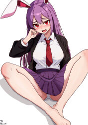 Rule 34 | 1girl, absurdres, animal ears, bare legs, barefoot, black jacket, breasts, collared shirt, commentary request, highres, jacket, kv-san, large breasts, long hair, long sleeves, necktie, open clothes, open jacket, open mouth, panties, pleated skirt, purple hair, purple skirt, rabbit ears, rabbit girl, red eyes, red necktie, reisen udongein inaba, shirt, simple background, sitting, skirt, solo, touhou, underwear, very long hair, white background, white panties, white shirt