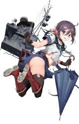 Rule 34 | 1girl, akebono (kancolle), akebono kai ni (kancolle), ass, bell, black choker, black thighhighs, blue skirt, blush, boots, brown gloves, choker, defeat, drew (drew213g), flower, full body, gloves, green sailor collar, hair bell, hair between eyes, hair flower, hair ornament, jingle bell, kantai collection, long hair, machinery, navel, official art, open mouth, panties, pink flower, pink panties, pleated skirt, purple eyes, purple hair, rigging, rubber boots, rudder footwear, sailor collar, school uniform, serafuku, short sleeves, side ponytail, skirt, smokestack, solo, source request, tearing up, thighhighs, torn clothes, torn thighhighs, transparent background, turret, umbrella, underwear, very long hair, water, water drop