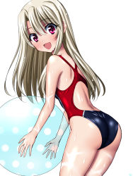 Rule 34 | 1girl, ass, ball, beachball, blush, competition swimsuit, fate/kaleid liner prisma illya, fate (series), illyasviel von einzbern, long hair, looking at viewer, one-piece swimsuit, open mouth, red eyes, sen (sansui), solo, swimsuit, wet, white hair