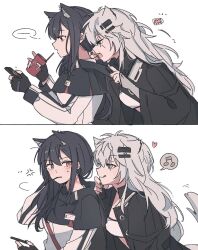 Rule 34 | 2girls, 2koma, anger vein, animal ear fluff, animal ears, arknights, bite mark, bite mark on neck, black capelet, black coat, black gloves, black hair, black nails, blush, capelet, cellphone, closed mouth, coat, comic, commentary, ear piercing, embarrassed, fingerless gloves, food, food in mouth, gloves, grey eyes, hair ornament, hairclip, heart, highres, holding, holding phone, jacket, lappland (arknights), licking lips, long hair, long sleeves, looking at another, messy hair, multiple girls, nail polish, open clothes, open coat, open mouth, phone, piercing, pocky, pocky in mouth, scar, scar across eye, seri (vyrlw), sidelocks, simple background, smartphone, spoken anger vein, spoken heart, strapless, sweatdrop, symbol-only commentary, tail, texas (arknights), tongue, tongue out, tube top, upper body, white background, white jacket, white tube top, wolf ears, wolf girl, wolf tail, yellow eyes, yuri