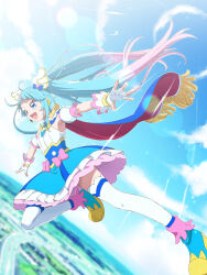 Rule 34 | 1girl, blue eyes, blurry, blurry background, cape, cure sky, detached sleeves, dutch angle, fingerless gloves, floating, flying, full body, gloves, gradient hair, head wings, highres, hirogaru sky! precure, long hair, magical girl, multicolored hair, multiple girls, open mouth, precure, puffy detached sleeves, puffy sleeves, sky, solo, sora harewataru, teeth, thighhighs, tj-type1, twintails, two-sided cape, two-sided fabric, two-tone hair, upper teeth only, very long hair, white gloves, white thighhighs, wings