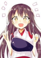 Rule 34 | 1girl, akagi (kancolle), artist name, brown hair, drooling, fork, highres, hizaka, holding, holding fork, holding knife, kantai collection, knife, long hair, looking at viewer, muneate, one-hour drawing challenge, simple background, solo, star-shaped pupils, star (symbol), symbol-shaped pupils, tasuki, twitter username, upper body, white background, yellow eyes