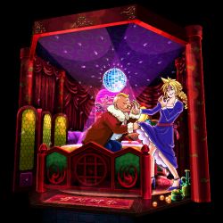 Rule 34 | 1990s (style), 2boys, bed, blonde hair, blue eyes, clothes lift, cloud strife, crossdressing, disco ball, don corneo, dress, dress lift, earrings, closed eyes, final fantasy, final fantasy vii, guernica, high heels, jewelry, legs, multiple boys, retro artstyle, ring, standing, wall market