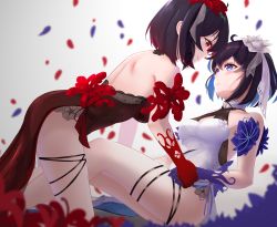 Rule 34 | 2girls, backless dress, backless outfit, bare shoulders, black hair, blue eyes, blue flower, blue gloves, blue hair, blurry, blurry foreground, blush, depth of field, dress, eye contact, flower, gloves, hair flower, hair ornament, hair ribbon, halter dress, halterneck, highres, holding hands, honkai (series), honkai impact 3rd, looking at another, multicolored hair, multiple girls, petals, red eyes, red flower, red gloves, red hair, ribbon, seele (alter ego), seele vollerei, seele vollerei (stygian nymph), side slit, smile, sprygon, thigh strap, two-tone hair, white flower