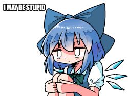 Rule 34 | 1girl, blue bow, blue dress, blue hair, blush, bow, cirno, closed mouth, detached wings, dot nose, dress, english text, expressionless, fairy, fairy wings, green bow, hair bow, holding, ice, ice wings, kasuya baian, looking away, medium hair, shirt, short sleeves, simple background, sitting, solo, touhou, white background, white shirt, wings