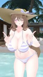 Rule 34 | 1girl, 3d, animal ears, animated, bikini, bouncing breasts, breasts, hat, highres, large breasts, outdoors, poolside, raccoon ears, raccoon girl, raccoon tail, solo, straw hat, striped bikini, striped clothes, sun hat, swimsuit, tagme, tail, thick thighs, thighs, video, vrchat