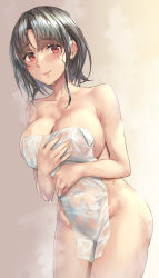 Rule 34 | 1girl, black hair, blush, breasts, cleavage, collarbone, commission, covering privates, cowboy shot, highres, kantai collection, kokuzou, large breasts, looking at viewer, naked towel, nude, nude cover, red eyes, short hair, skeb commission, smile, solo, steam, takao (kancolle), towel, wet, wet hair, wet towel