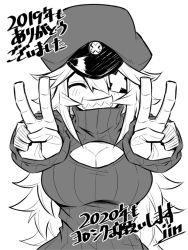 Rule 34 | black general, blush, breasts, cleavage, cleavage cutout, clothing cutout, double v, eyepatch, closed eyes, facing viewer, greyscale, grin, hat, jin (mugenjin), large breasts, long hair, messy hair, monochrome, parted lips, ribbed sweater, smile, sweater, teeth, translation request, turtleneck, turtleneck sweater, upper body, v, zannen onna-kanbu black general-san