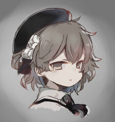 Rule 34 | 1girl, beret, black hat, black ribbon, brown eyes, brown hair, collared shirt, commentary request, cropped shoulders, expressionless, flower, from side, gradient background, grey background, hair flower, hair ornament, hair ribbon, half-closed eyes, hat, hatoba tsugu, light blush, looking at viewer, looking to the side, medium hair, mole, mole under eye, neck ribbon, parted lips, portrait, raised eyebrows, ribbon, shirt, single hair ring, solo, sukima (crie), suspenders, tsugu (vtuber), virtual youtuber, white flower
