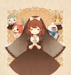 Rule 34 | 10s, 1girl, bad id, bad pixiv id, blush, brown hair, cat, closed eyes, cross, fangs, ghost, habit, jibanyan, kanacho, kodama fumika, komajirou, komasan, long hair, multiple tails, notched ear, nun, open mouth, own hands clasped, own hands together, ponytail, purple lips, tail, traditional nun, traditional youkai, two tails, whisper (youkai watch), youkai watch