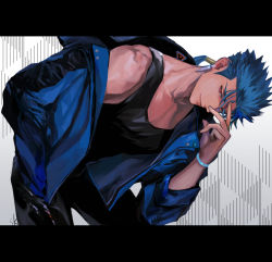 Rule 34 | 1boy, alternate costume, beads, bent over, black tank top, blue hair, bracelet, closed mouth, collarbone, contemporary, cu chulainn (fate), cu chulainn (fate/stay night), earrings, fate/stay night, fate (series), grin, hair beads, hair ornament, hand on own face, jacket, jacket on shoulders, jewelry, letterboxed, long hair, looking at viewer, makashiki (aarni 0), male focus, ponytail, red eyes, shirt, smile, solo, spiked hair, tank top