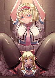 Rule 34 | absurdres, alice margatroid, arms up, black legwear, blonde hair, blue dress, blue eyes, bow, breasts, brown footwear, capelet, closed mouth, commentary, convenient censoring, dress, eyebrows hidden by hair, feet out of frame, frilled dress, frilled hairband, frilled sleeves, frills, garter straps, hair between eyes, hair bow, hairband, highres, looking at viewer, mahoro (minase mahoro), medium breasts, necktie, pink necktie, puffy short sleeves, puffy sleeves, red hairband, shanghai doll, shiny clothes, shiny legwear, shoe soles, short hair, short sleeves, thighhighs, touhou, white capelet