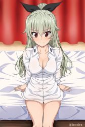 Rule 34 | 1girl, alternate hairstyle, anchovy (girls und panzer), anzio school uniform, arm support, bed, bedroom, black ribbon, blush, breasts, cleavage, closed mouth, commentary, curtains, dress shirt, girls und panzer, green hair, hair ribbon, indoors, inoshira, long hair, long sleeves, looking at viewer, medium breasts, naked shirt, on bed, ponytail, red eyes, ribbon, school uniform, shirt, sitting, smile, solo, thighs, twitter username, white shirt, wing collar