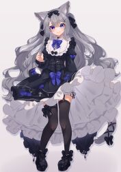 Rule 34 | 1girl, absurdres, animal ear fluff, animal ears, black bow, black dress, black footwear, black thighhighs, blue eyes, bow, breasts, cat ears, cat girl, cat tail, closed mouth, commentary request, dress, ear piercing, frilled dress, frills, garter straps, gothic lolita, grey background, grey hair, hair between eyes, hair bow, heterochromia, highres, hinata (user rjkt4745), juliet sleeves, lolita fashion, long hair, long sleeves, looking at viewer, medium breasts, original, piercing, platform footwear, puffy sleeves, purple bow, purple eyes, shoes, simple background, smile, solo, tail, thighhighs, very long hair