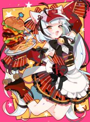 Rule 34 | 0304yama, 1girl, :d, animal ear fluff, animal ears, arm up, bell, black bow, black hair, blush, bow, burger, commentary request, detached sleeves, fang, food, french fries, full body, grey hair, hand up, hat, heart, holding, holding tray, jingle bell, looking at viewer, multicolored hair, neck bell, open mouth, original, pleated skirt, red eyes, red footwear, red hat, red skirt, red sleeves, red socks, red vest, roller skates, shirt, skates, skirt, sleeveless, sleeveless shirt, sleeves past fingers, sleeves past wrists, smile, socks, solo, star (symbol), streaked hair, striped clothes, striped skirt, striped socks, striped vest, tray, twintails, twitter username, vertical-striped clothes, vertical-striped skirt, vertical-striped socks, vertical-striped vest, vest, visor cap, white shirt
