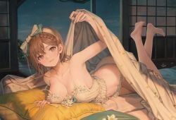 Rule 34 | 1girl, arched back, ass, atelier (series), atelier ryza, blanket, braid, breast press, breasts, brown eyes, brown hair, cleavage, curvy, feet, hair ribbon, hairband, large breasts, looking at viewer, lying, navel, night, night sky, nightgown, on stomach, pillow, reisalin stout, ribbon, sky, soles, solo, under covers, underwear