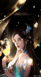 Rule 34 | 1girl, absurdres, backless dress, backless outfit, backlighting, bare shoulders, black background, brown hair, dark, detached sleeves, doupo cangqiong, dress, facial mark, forehead mark, from side, gu xun er (doupo cangqiong), hair ornament, highres, long hair, mirror, shards, shisan zhou zhou, solo, white dress