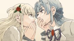 Rule 34 | 2girls, aqua eyes, artist name, black ribbon, blonde hair, blunt bangs, brown background, collared shirt, commentary request, covered mouth, covering own mouth, face-to-face, fingernails, flower, from side, grey hair, grey jacket, hair flower, hair ornament, hair ribbon, hand over own mouth, hand up, hands up, highres, jacket, long hair, long sleeves, looking at another, multiple girls, neck ribbon, portrait, profile, purple eyes, red flower, red rose, ribbon, rose, school uniform, shirt, shoujo kageki revue starlight, shoujo kageki revue starlight -re live-, shozoku, signature, simple background, white shirt, yukishiro akira, yumeoji shiori