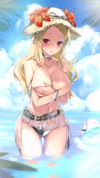 Rule 34 | 1girl, bikini, bikini bottom only, blonde hair, blue sky, breasts, choker, cloud, commentary request, covering privates, covering breasts, covering nipples, day, flower, flower hat, gluteal fold, hat, highres, large breasts, long hair, looking at viewer, mole, mole under mouth, navel, ocean, partially submerged, red eyes, senran kagura, sexually suggestive, shiki (senran kagura), sky, smile, solo, straw hat, swimsuit, topless, water, wet, yaegashi nan