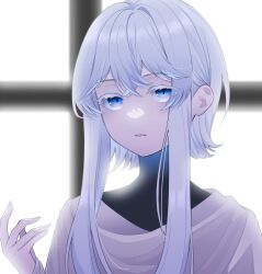 Rule 34 | 1girl, backlighting, colored eyelashes, flipped hair, highres, layered clothes, light, long sleeves, looking at viewer, masumofu, original, parted lips, short hair with long locks, sleeves past wrists, solo, turtleneck, white hair, window