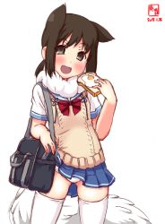 Rule 34 | 1girl, animal ears, artist logo, azur lane, bag, black eyes, black hair, blue sailor collar, blue skirt, bow, bread slice, commentary request, contrapposto, cosplay, cowboy shot, dated, egg (food), food, fox ears, fubuki (5 minutes till i&#039;m late) (azur lane), fubuki (azur lane), fubuki (azur lane) (cosplay), fubuki (kancolle), gluteal fold, highres, historical name connection, kanon (kurogane knights), kantai collection, looking at viewer, name connection, open mouth, panties, pleated skirt, ponytail, red bow, sailor collar, scarf, school bag, school uniform, short sleeves, sidelocks, simple background, skirt, smile, solo, sunny side up egg, sweater vest, thighhighs, toast, underwear, white background, white panties, white scarf, white thighhighs