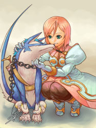 Rule 34 | 00s, 1girl, aqua eyes, chain, cwind, dog, dress, estellise sidos heurassein, gloves, green eyes, headpat, out of character, pants, pink hair, repede (tales), short hair, smile, smoking, squatting, tales of (series), tales of vesperia, yellow background