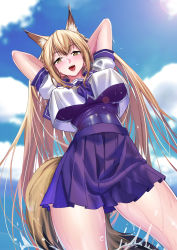 Rule 34 | 1girl, :d, absurdres, animal ear fluff, animal ears, arknights, arms behind head, blonde hair, blue neckerchief, blue one-piece swimsuit, blue sailor collar, blue skirt, blush, breasts, brown eyes, brown hair, cameltoe, center opening, cloud, contrapposto, covered erect nipples, cowboy shot, crop top, crop top overhang, fox ears, fox girl, fox tail, franka (arknights), from below, gradient hair, hair between eyes, highres, large breasts, long hair, looking at viewer, miniskirt, multicolored hair, neckerchief, onceskylark, one-piece swimsuit, open mouth, pleated skirt, puffy short sleeves, puffy sleeves, sailor collar, school uniform, shirt, short sleeves, skirt, sky, smile, solo, sun, swimsuit, swimsuit under clothes, tail, taut clothes, taut swimsuit, thighs, very long hair, wading, water, wet, wet clothes, white shirt, yellow eyes