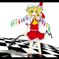 Rule 34 | 1girl, akisome hatsuka, ascot, blonde hair, checkered floor, embodiment of scarlet devil, fang, female focus, flandre scarlet, floor, hair ribbon, hat, hatsuka (exsilver), laevatein, letterboxed, red eyes, ribbon, shadow, short hair, side ponytail, skirt, skirt set, solo, touhou, wings, wrist cuffs