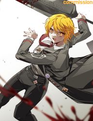 Rule 34 | 1girl, badge, black jacket, blonde hair, blood, blood splatter, bloody weapon, commission, don quixote (project moon), formal, highres, jacket, limbus company, munjiduck, necktie, pants, project moon, red necktie, shirt, short hair, sparkling eyes, weapon, white background, white shirt