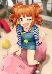 Rule 34 | 1girl, ;d, bench, blush, dress, grass, green eyes, highres, idolmaster, idolmaster (classic), long hair, md5 mismatch, one eye closed, open mouth, orange hair, overall skirt, overalls, pinafore dress, playground, shirt, sleeveless, sleeveless dress, smile, solo, striped clothes, striped shirt, takatsuki yayoi, tire, tree, tsurui, twintails, wink