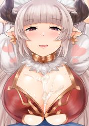 Rule 34 | 10s, 1girl, alicia (granblue fantasy), blush, breasts, cleavage, cross, cross earrings, cum, cum on body, cum on breasts, cum on upper body, draph, earrings, ejaculation, gachou, granblue fantasy, horns, huge breasts, jewelry, long hair, looking at viewer, pointy ears, silver hair, smile, solo