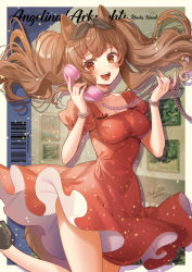 Rule 34 | 1girl, :d, absurdres, alternate costume, angelina (arknights), animal ear fluff, animal ears, arknights, artist name, barcode, bare legs, bead bracelet, bead necklace, beads, black footwear, blush, border, bracelet, breasts, brown hair, character name, cleavage, copyright name, corded phone, dress, fox ears, fox tail, highres, holding, holding phone, jewelry, light particles, long hair, looking at viewer, medium breasts, necklace, open mouth, outside border, phone, polka dot, polka dot dress, red dress, red eyes, sallyzaemon, short sleeves, signature, smile, solo, tail, twintails, very long hair, white border