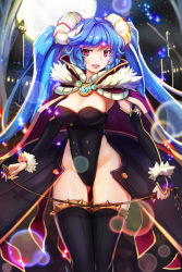 Rule 34 | 1girl, black thighhighs, blue hair, breasts, btraphen, cleavage, demon girl, full moon, horns, leotard, long hair, looking at viewer, moon, open mouth, red eyes, smile, solo, star (sky), thighhighs, thighs