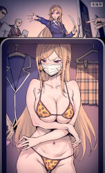 1girl 3boys animal_print bikini blonde_hair blush breasts cleavage collarbone collared_shirt condom condom_wrapper covered_mouth haoni highres holding holding_condom large_breasts leopard_print long_hair long_sleeves mask mouth_mask multiple_boys nakiri_erina navel necktie orange_skirt plaid_clothes plaid_skirt purple_eyes shirt shokugeki_no_souma skirt striped_necktie swimsuit underboob unworn_skirt