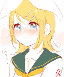 Rule 34 | 1girl, bare shoulders, blonde hair, blue eyes, blush, bow, embarrassed, hair bow, hair ornament, hairclip, kagamine rin, mimi mine, neckerchief, nervous, number tattoo, pale skin, sailor collar, shoulder tattoo, sketch, solo, tattoo, treble clef, vocaloid, wavy mouth, white bow, yellow neckerchief