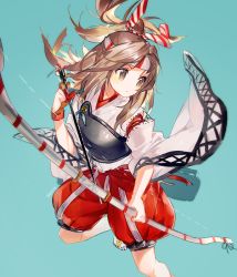 Rule 34 | 10s, 1girl, arrow (projectile), bow (weapon), brown hair, japanese clothes, kantai collection, long hair, muneate, namie-kun, simple background, solo, weapon, zuihou (kancolle)